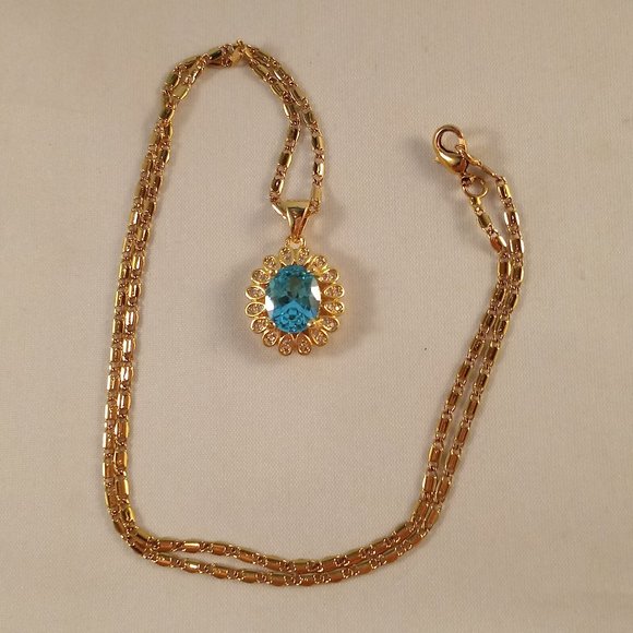 18K Yellow Gold Filled Blue Diamond Zircon Flower Pendant Necklace 2.54ctw Gift - Picture 2 of 4